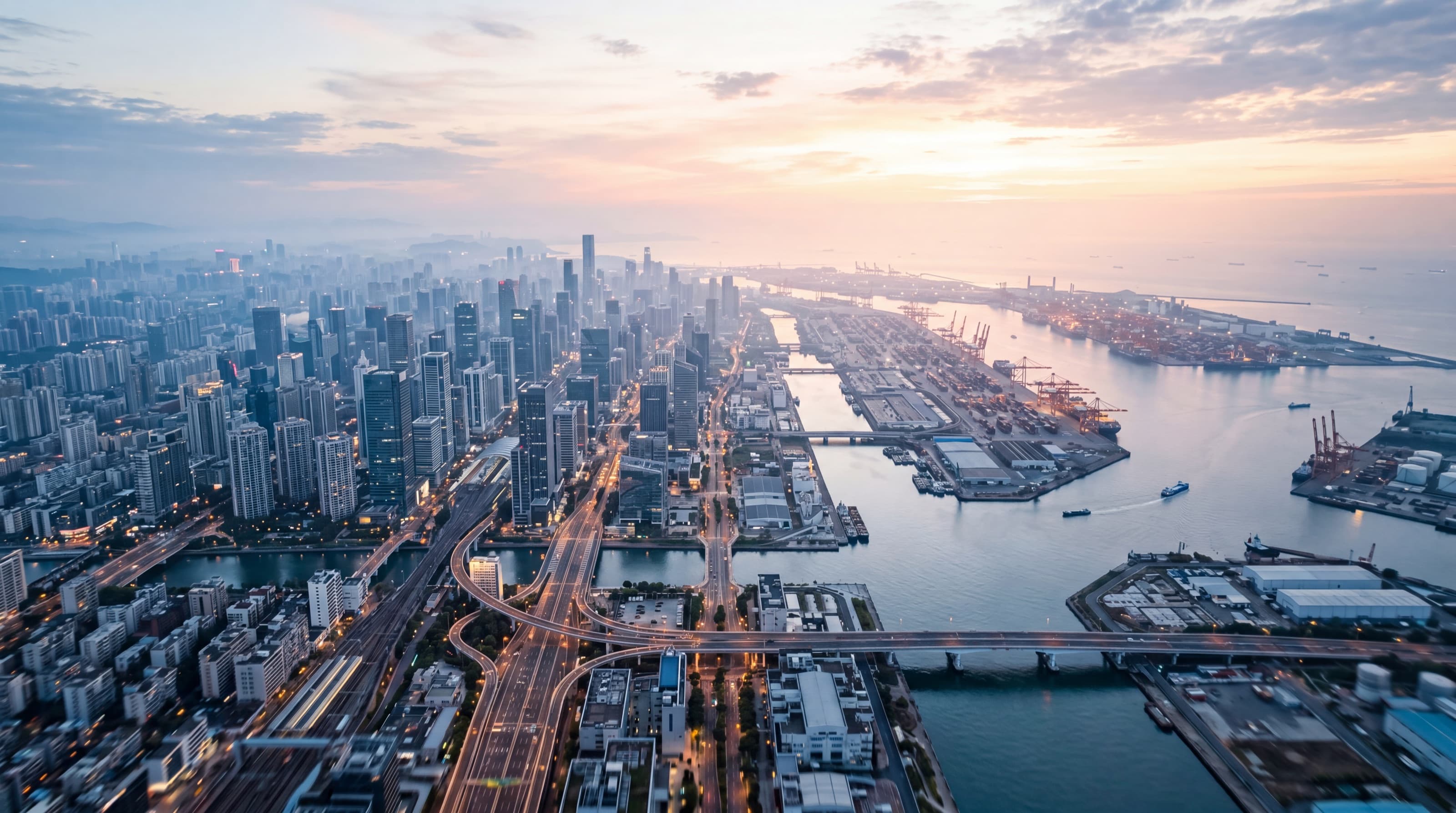 An aerial view gliding toward a city and infrastructure at dawn.